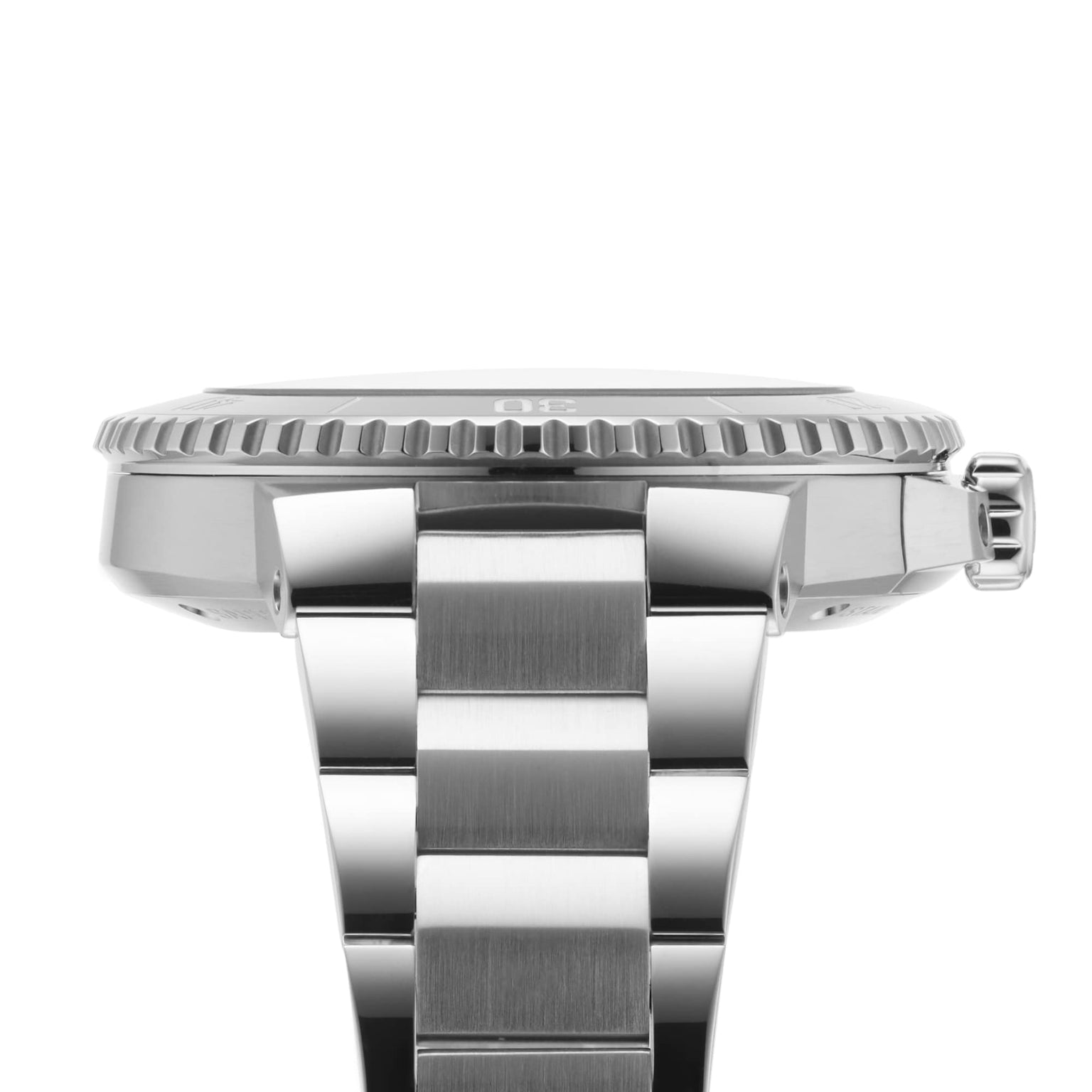 Side view of the Oris Aquis Date Upcycle, featuring a stainless steel brushed metal band and a ridged bezel.