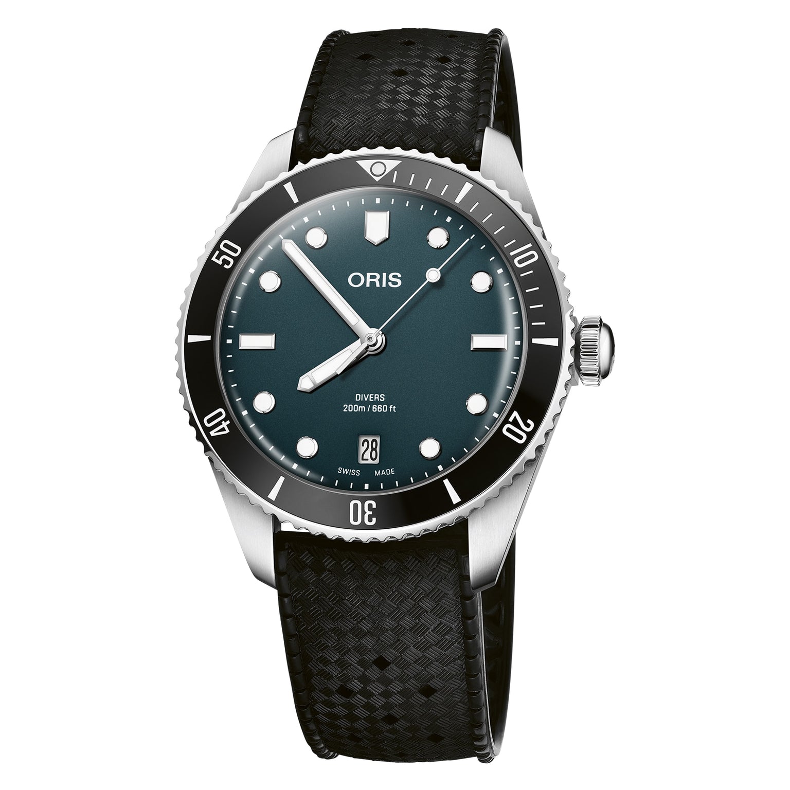 The Oris Divers Date is a silver and black wristwatch featuring a black dial with white markers, a rotating bezel, and a black textured strap. It has precise automatic movement and is shown against a white background.