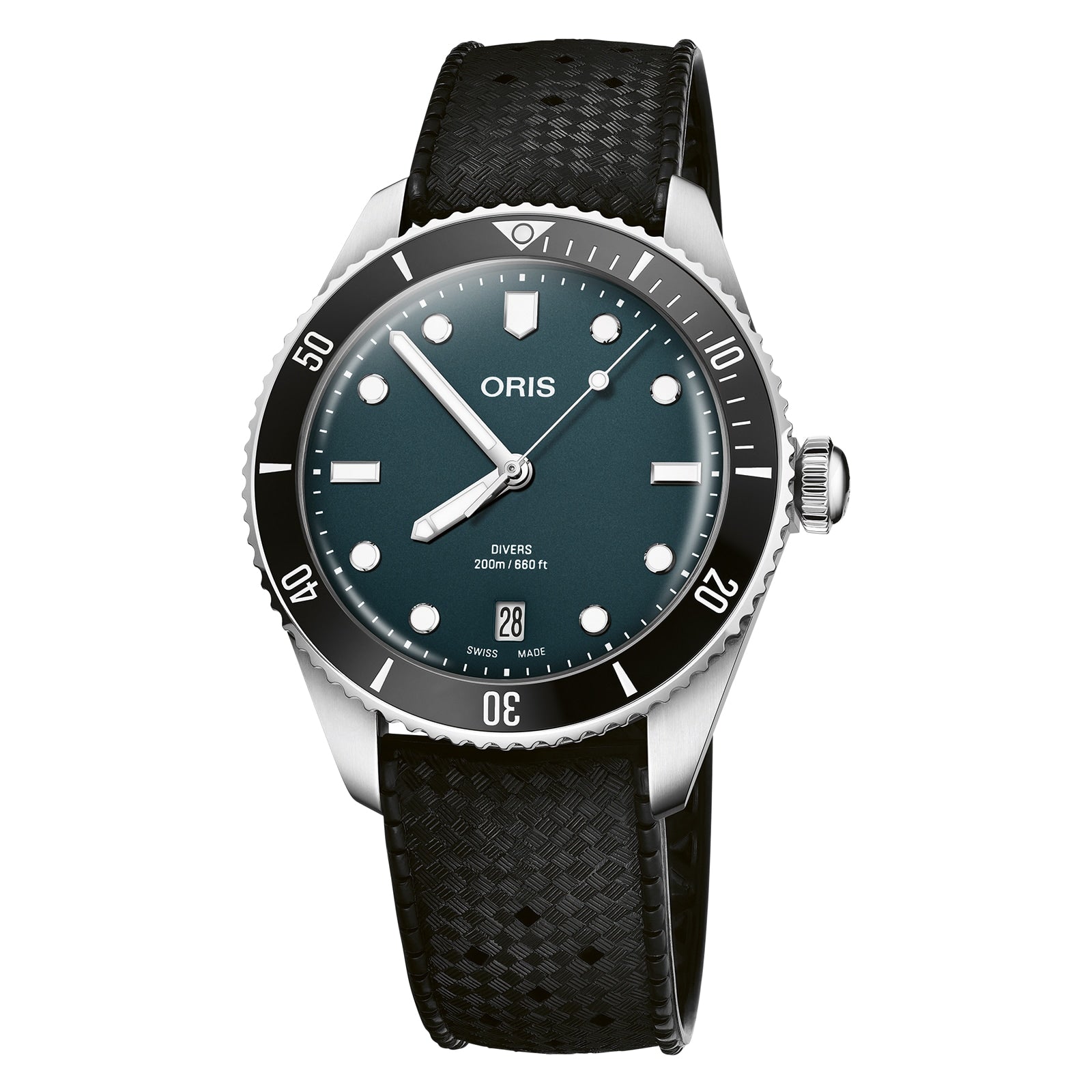 The Oris Divers Date is a silver and black wristwatch featuring a black dial with white markers, a rotating bezel, and a black textured strap. It has precise automatic movement and is shown against a white background.