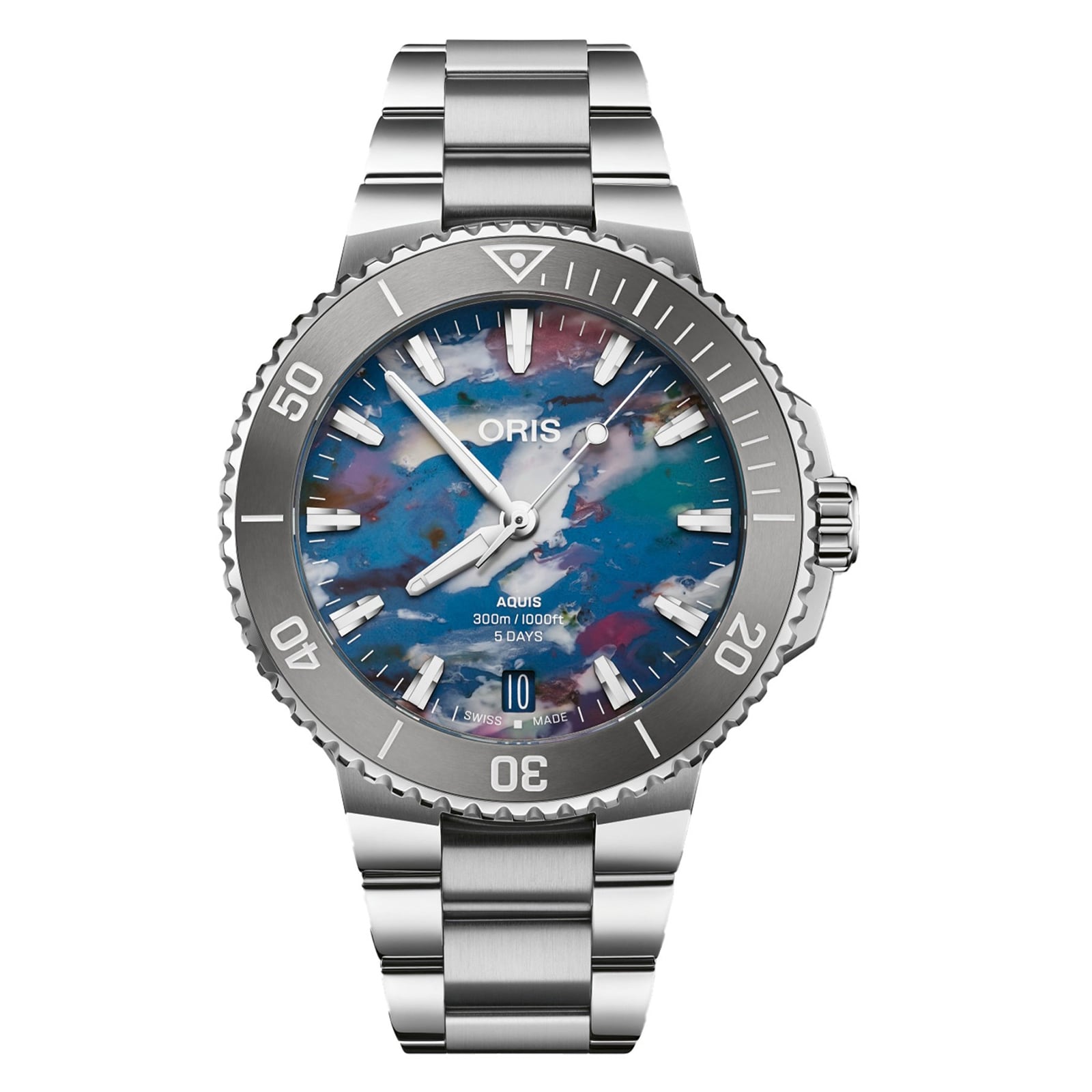 The Oris Aquis Date Upcycle Calibre 400 is a stainless steel watch with a blue marbled dial, silver bezel, date at 6 oclock, and metal bracelet—an elegant celebration of mechanical timepieces and Oris’s sustainability commitment.