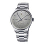 Stainless steel watch with silver dial, moon phase subdial, date window, and matching bracelet band.