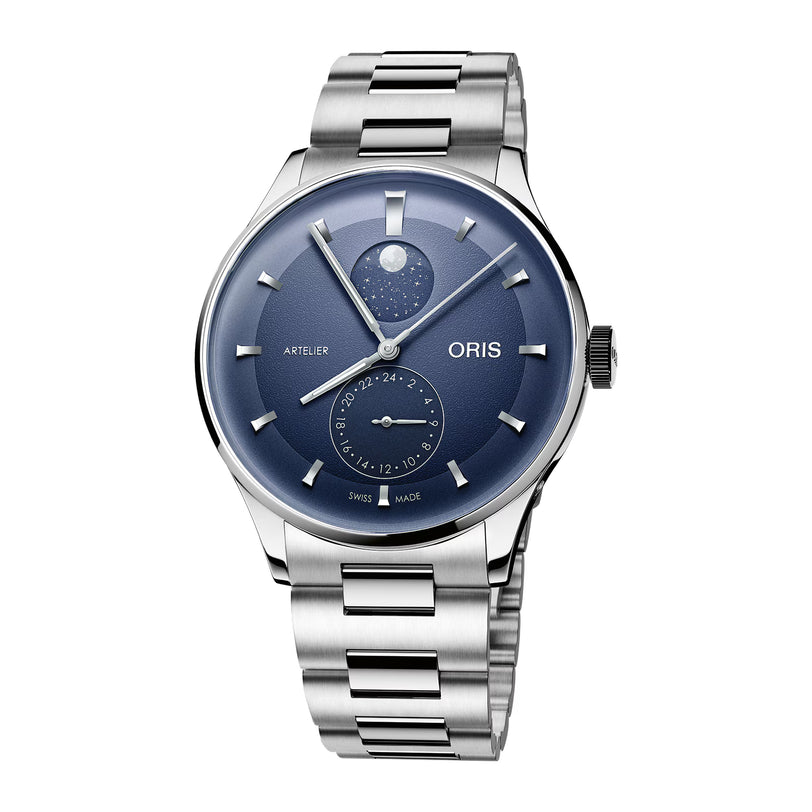Silver stainless steel watch with blue dial, moonphase display, subdial, and metal link bracelet.