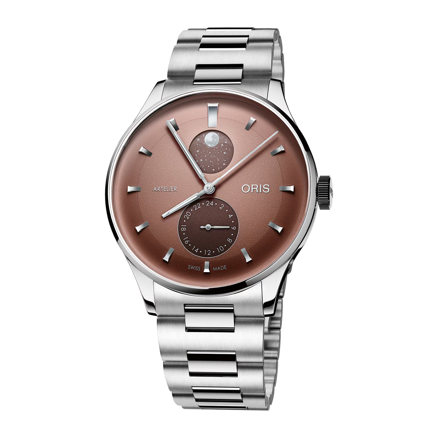Stainless steel watch with brown dial, moonphase window, subsidiary dial, and matching metal bracelet.