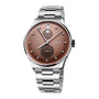 Stainless steel watch with brown dial, moonphase window, subsidiary dial, and matching metal bracelet.