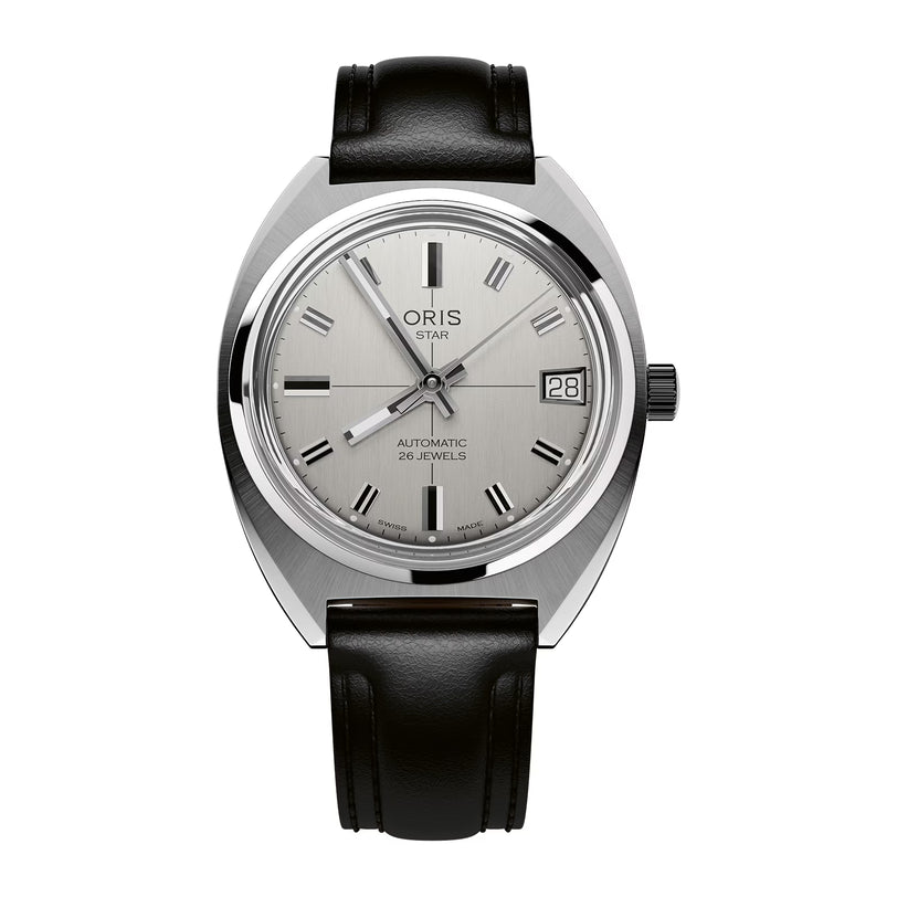 Oris Star Edition automatic watch with silver dial, Roman numerals, date window, and black leather strap.