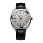 Oris Star Edition automatic watch with silver dial, Roman numerals, date window, and black leather strap.