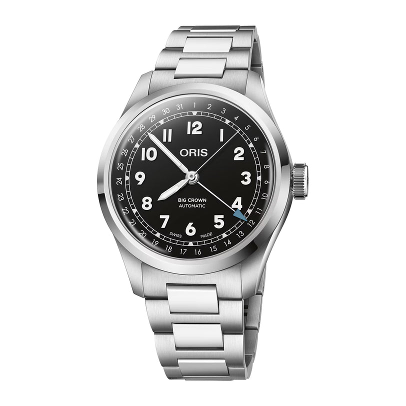 Stainless steel watch with black dial, Arabic numerals, date window, and metal bracelet.