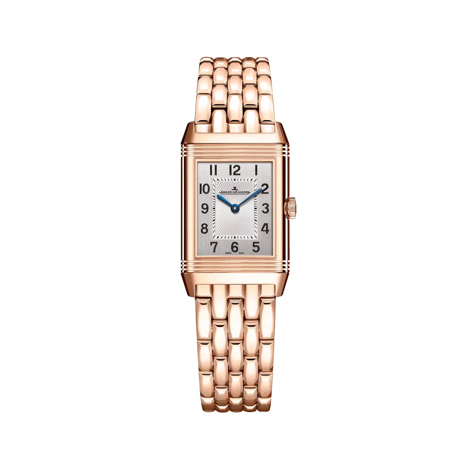 The Jaeger-LeCoultre Reverso Classic Duetto features a rectangular pink gold case, woven metal band, silver dial with black numerals, and blue sword-shaped hands, shown on a white background.