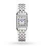 The Jaeger-LeCoultre Reverso Classic is a ladies’ watch with a rectangular silver case, metal bracelet, black Arabic numerals, blue hands on a white dial, and diamond bezel, shown against a plain white background.