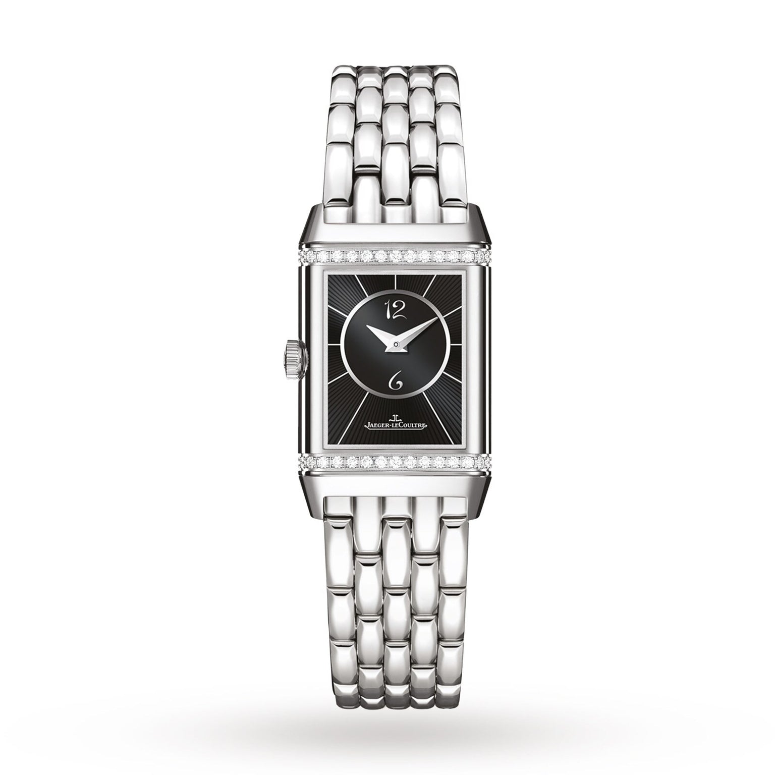The Jaeger-LeCoultre Reverso Classic is a rectangular ladies’ watch with a black dial, silver hour markers, metal link band, and Arabic numerals at 12 and 6 o’clock. A diamond bezel at the top and bottom adds classic elegance.