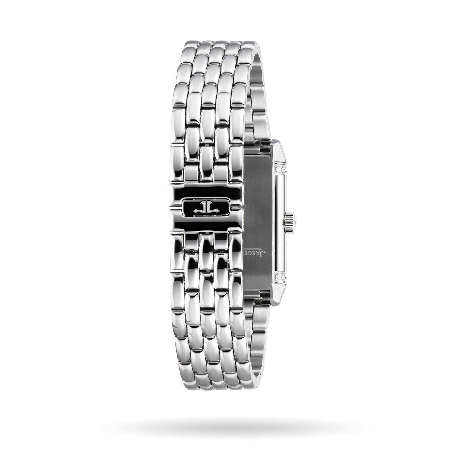 A side view of the Jaeger-LeCoultre Reverso Classic ladies’ watch displays its silver linked bracelet and a clasp engraved with a stylized JL logo, while the watch face remains hidden.