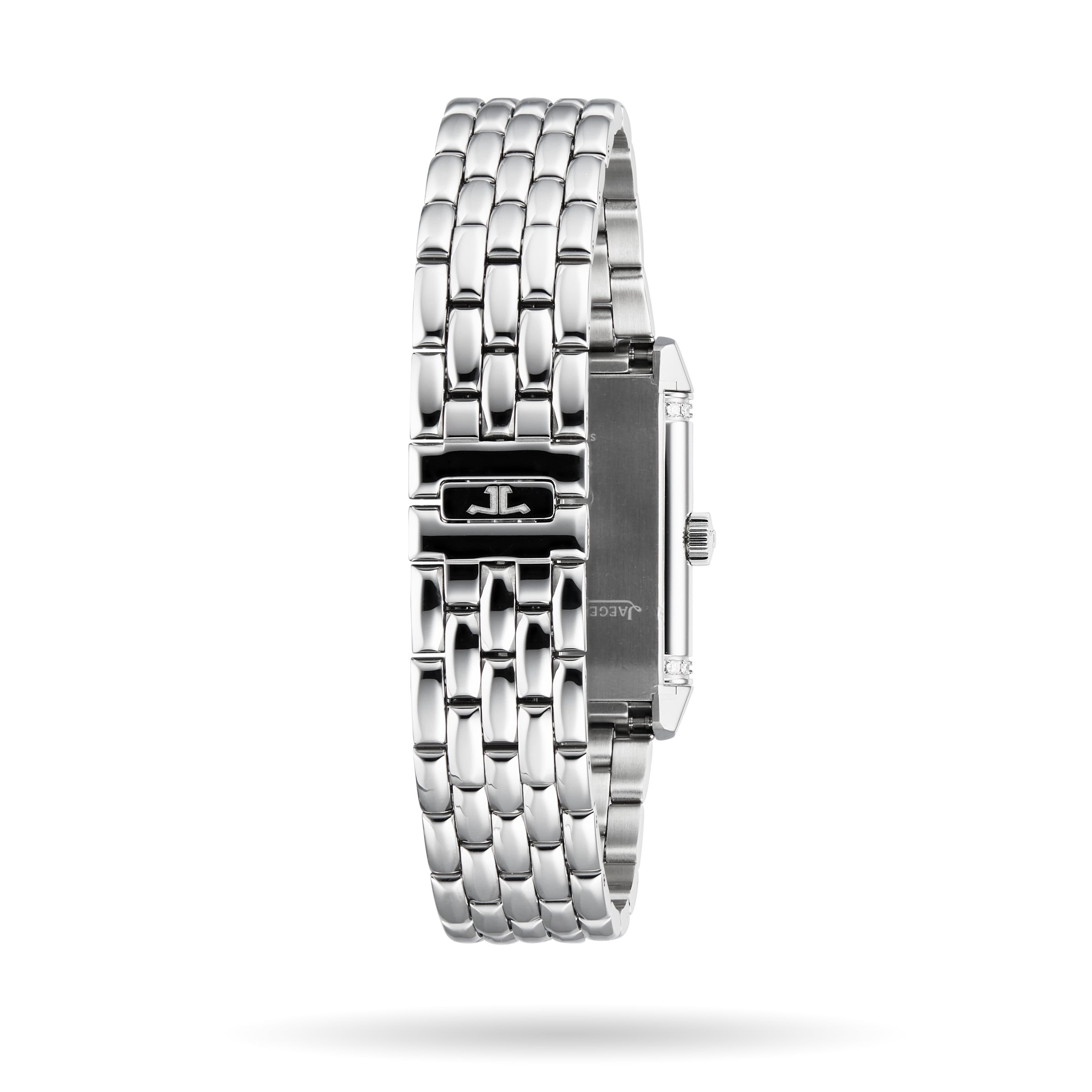 A side view of the Jaeger-LeCoultre Reverso Classic ladies’ watch displays its silver linked bracelet and a clasp engraved with a stylized JL logo, while the watch face remains hidden.