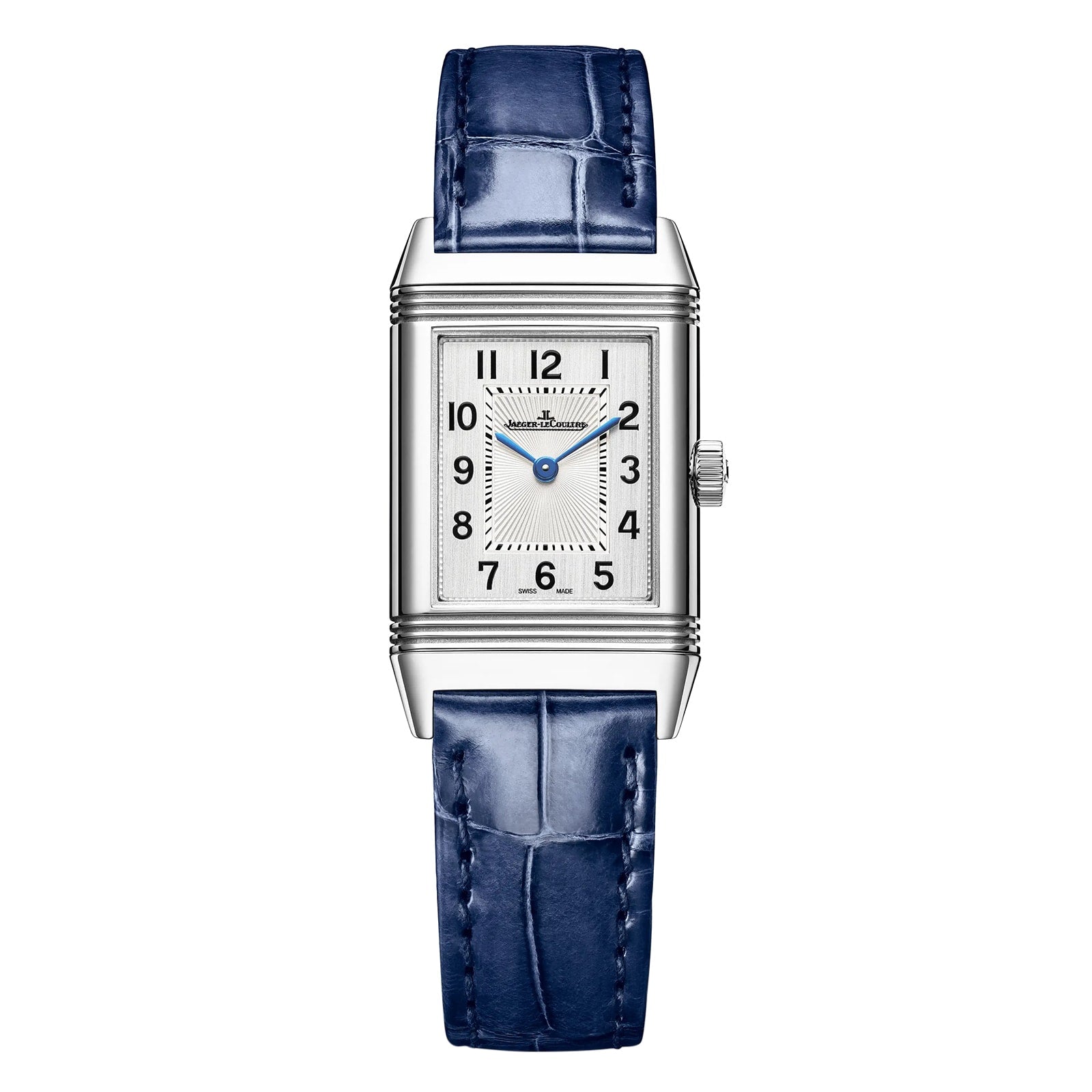 The Jaeger-LeCoultre Reverso Classic Small is a rectangular silver wristwatch with a blue leather strap, silver dial, black Arabic numerals, blue hands, art deco-style case lines, and a right-side crown.