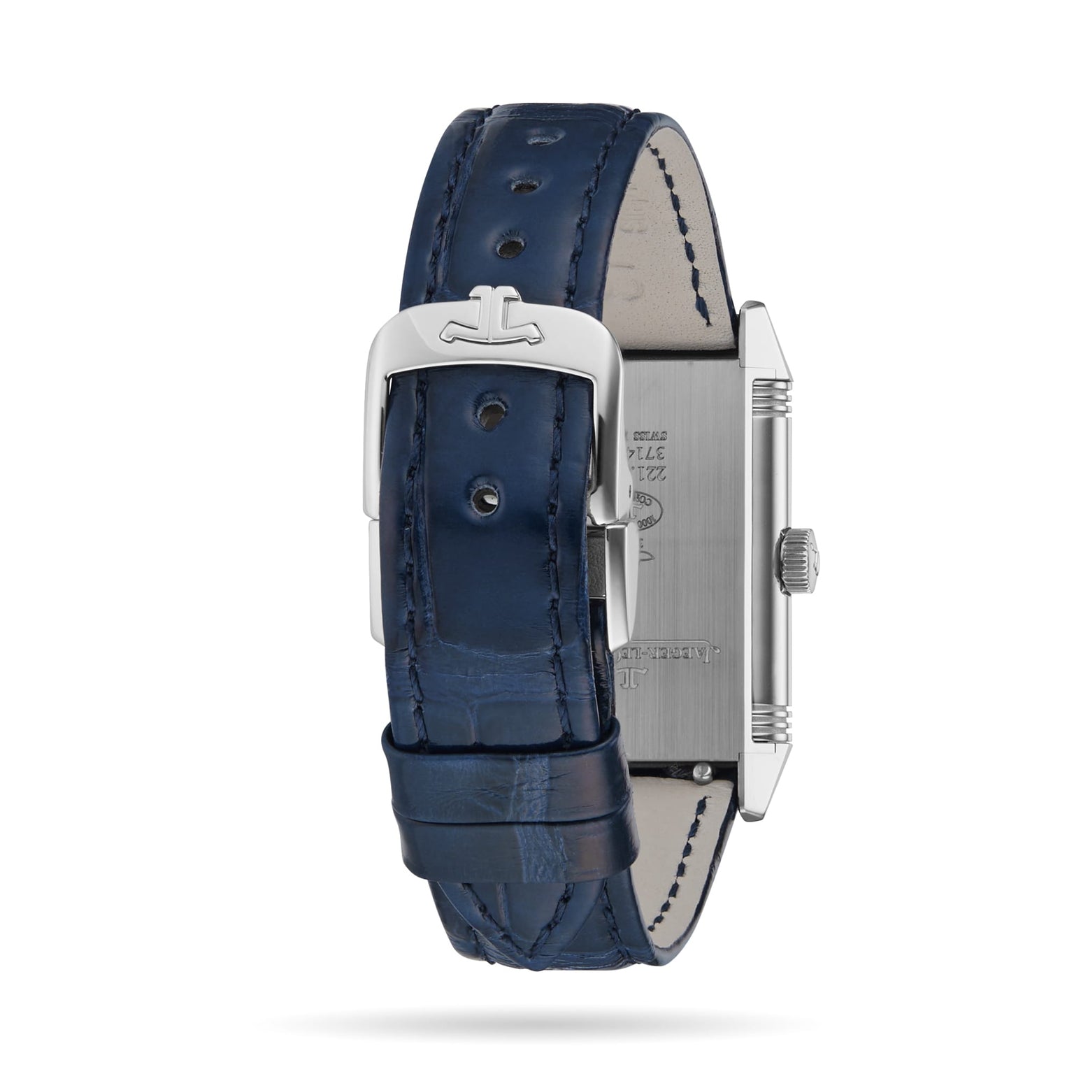 A close-up view of a blue leather strap with stitched edges and a silver buckle, attached to the rectangular Jaeger-LeCoultre Reverso Classic Small watch case, highlights the back side of this iconic timepiece.