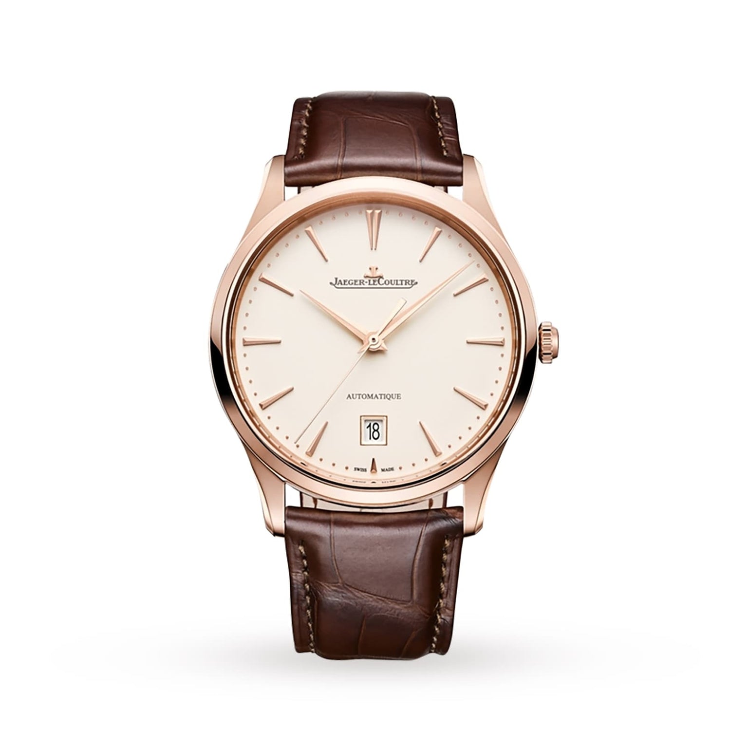 The Jaeger-LeCoultre Master Ultra Thin Date wristwatch features a brown leather strap, pink gold case, white dial, gold markers and hands, date at 6 o’clock, and the precise Jaeger-LeCoultre Caliber 899 movement.