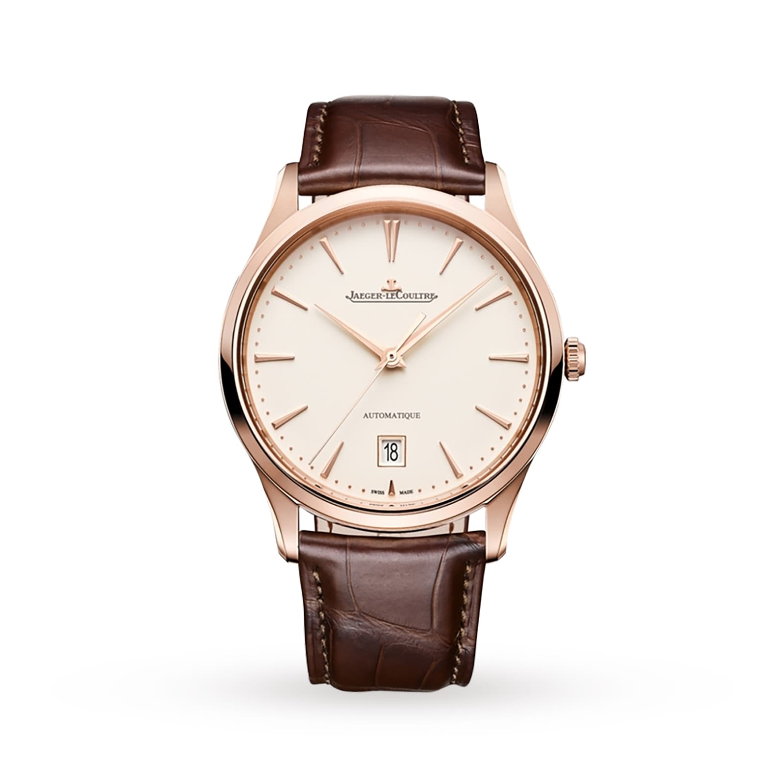 The Jaeger-LeCoultre Master Ultra Thin Date wristwatch features a brown leather strap, pink gold case, white dial, gold markers and hands, date at 6 o’clock, and the precise Jaeger-LeCoultre Caliber 899 movement.
