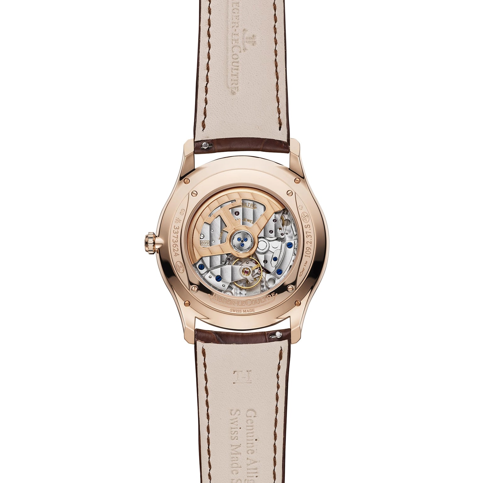 Back view of the Jaeger-LeCoultre Master Ultra Thin Date in pink gold, featuring a transparent case that reveals the Caliber 899 and a brown leather strap with "Jaeger-LeCoultre" engraved on both case and strap.