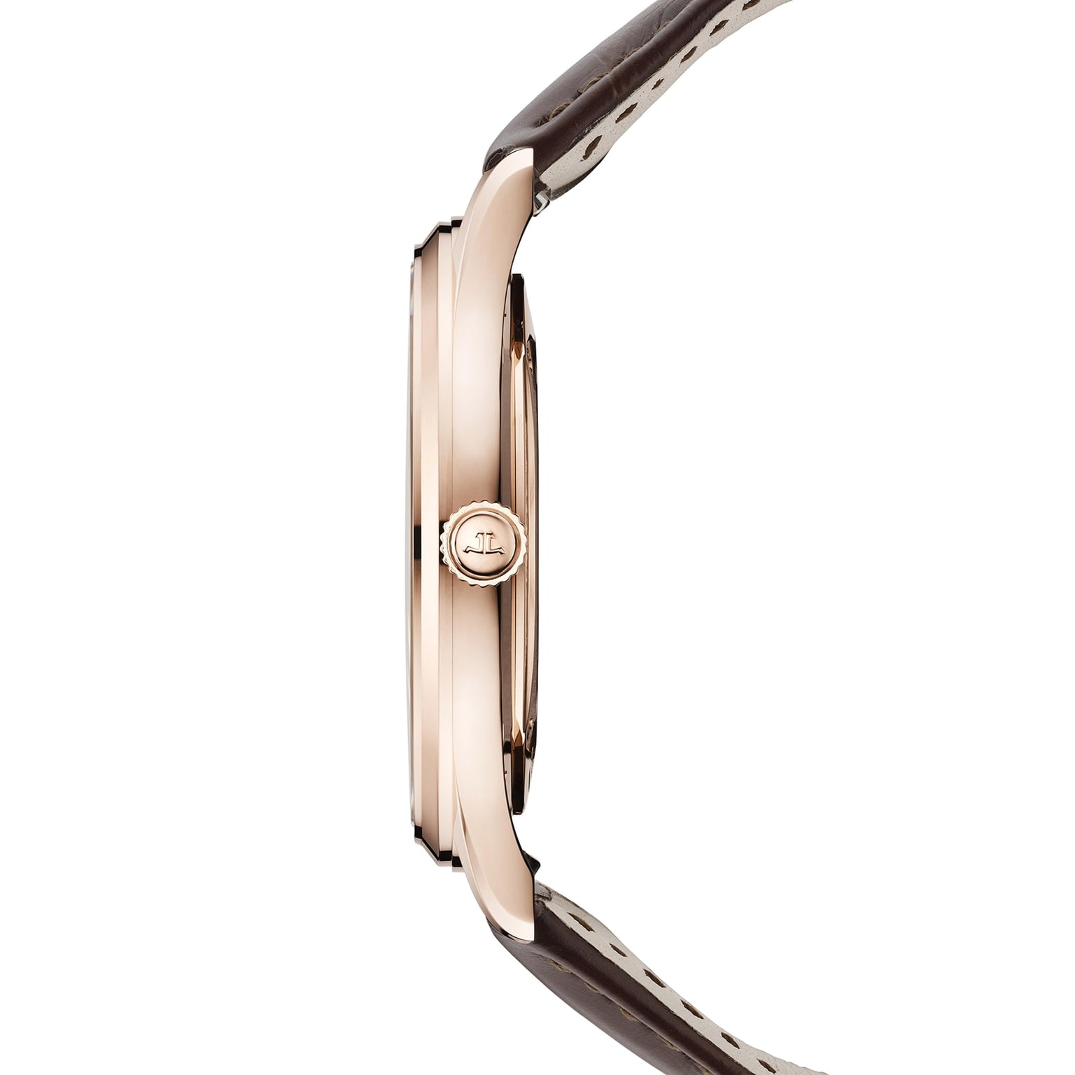 Side view of the Jaeger-LeCoultre Master Ultra Thin Date, a slim pink gold watch with a brown leather strap and logo-engraved crown, featuring an elegant case housing the precise Caliber 899 movement. Watch face not shown.