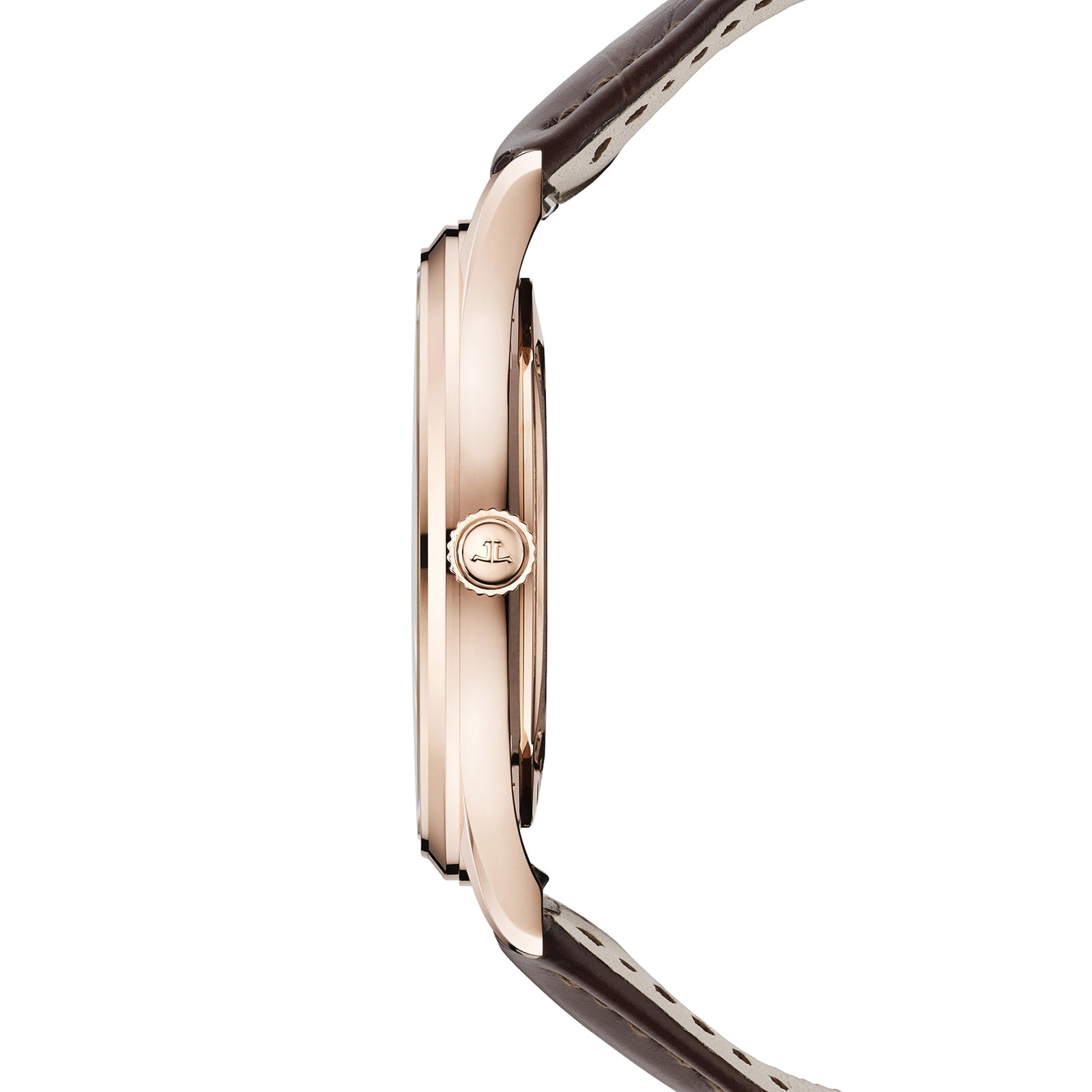 Side view of the Jaeger-LeCoultre Master Ultra Thin Date, a slim pink gold watch with a brown leather strap and logo-engraved crown, featuring an elegant case housing the precise Caliber 899 movement. Watch face not shown.