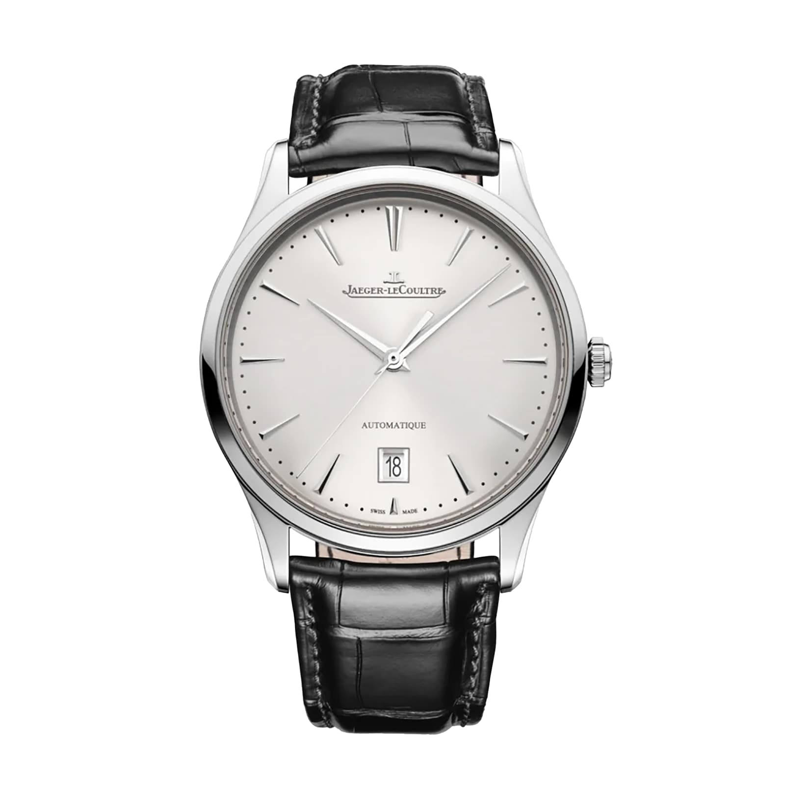 The Jaeger-LeCoultre Master Ultra Thin Date features a silver case, white dial, slim silver hour markers, date at 6 o’clock, and a black leather strap. This watch boasts a classic, minimalist ultra-thin design.