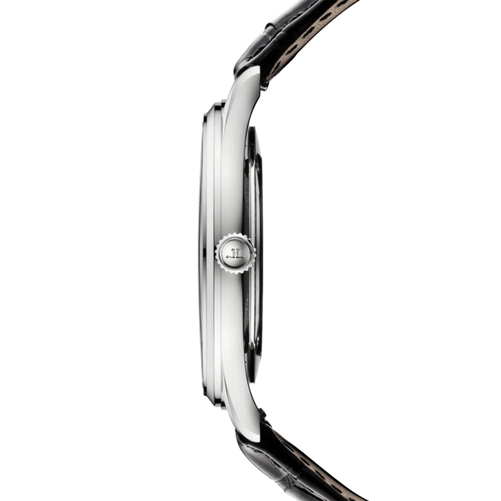 Side view of the Jaeger-LeCoultre Master Ultra Thin Date, featuring a sleek silver case, black leather strap, and slim profile with an engraved crown, set against a white background.