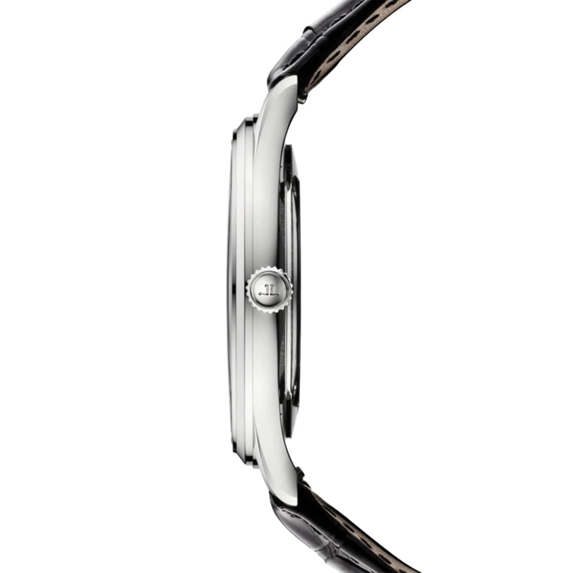 Side view of the Jaeger-LeCoultre Master Ultra Thin Date, featuring a sleek silver case, black leather strap, and slim profile with an engraved crown, set against a white background.