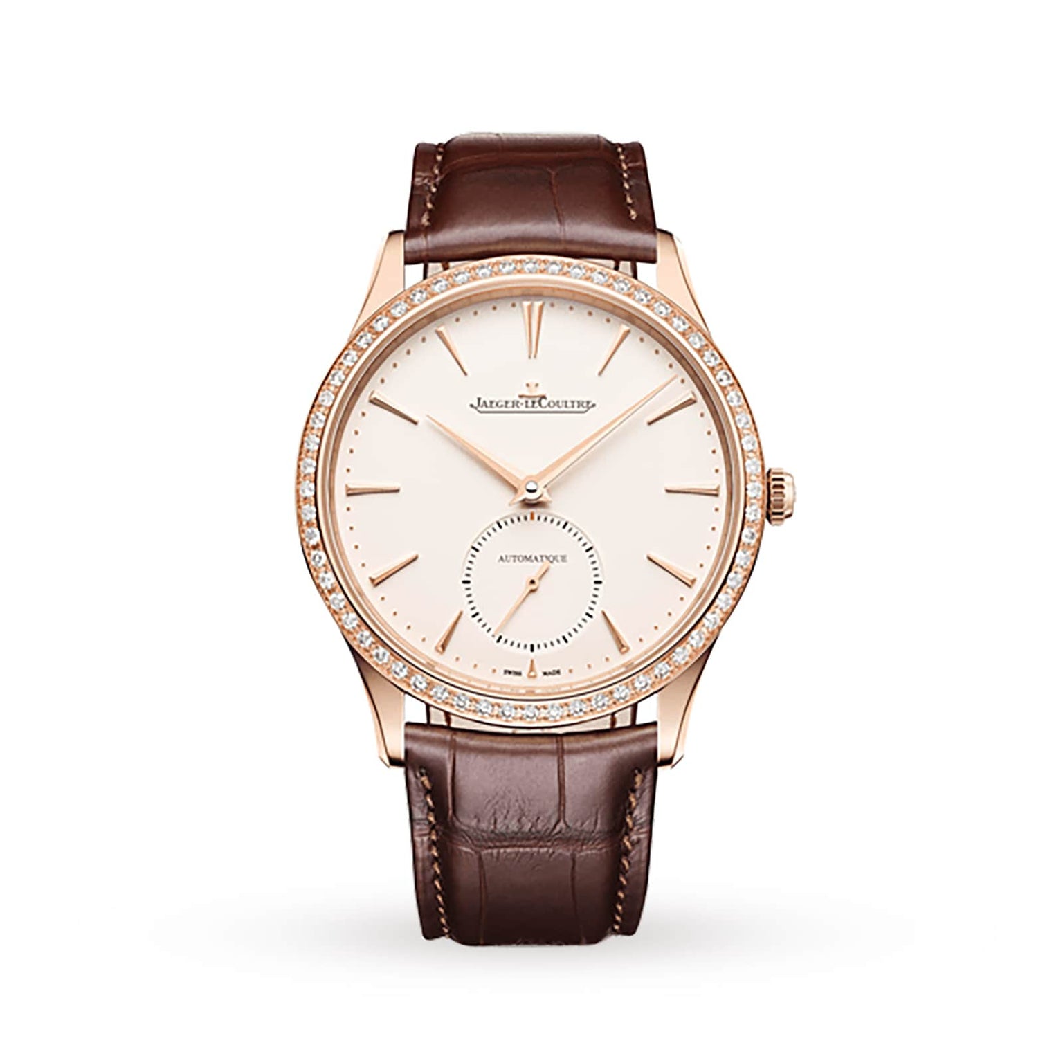 The Jaeger-LeCoultre Master Ultra Thin Small Seconds features a rose gold case, diamond bezel, white dial with gold hour markers, small seconds subdial at 6 o’clock, and a brown leather strap.