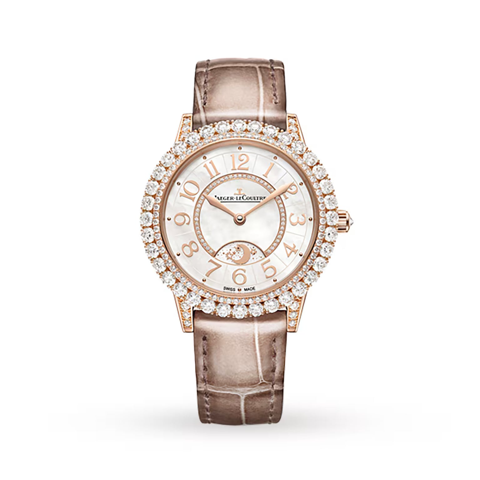 The Jaeger-LeCoultre Rendez-Vous Night & Day women’s watch features a mother-of-pearl dial, diamond-set pink gold bezel and case, and taupe alligator strap, elegantly displayed on a white background.