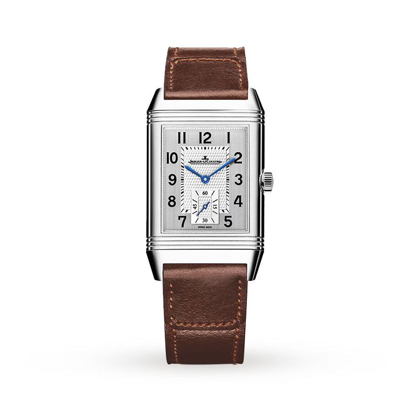 The Jaeger-LeCoultre Reverso Classic Large Small Seconds features a rectangular silver case, white textured dial with black Arabic numerals, blue hands, small seconds subdial, and a brown leather strap set against a plain white background.