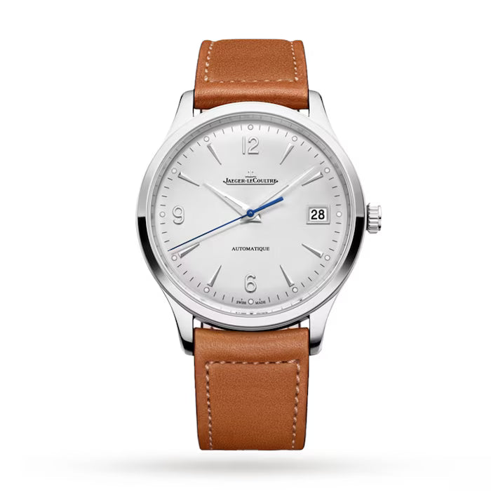 The Jaeger-LeCoultre Master Control Date features a white dial with blue hands, a date window at 3 o’clock, and comes with a brown leather strap in a polished stainless steel case.