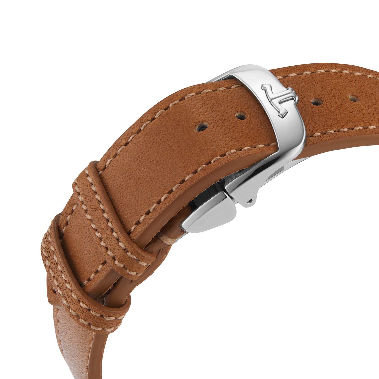 Close-up of the Jaeger-LeCoultre Master Control Date’s brown leather strap with beige stitching, paired with a stainless steel case and silver clasp, highlighting its texture and fastening holes.