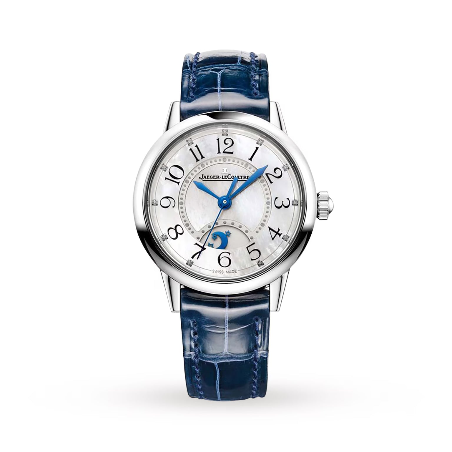 The Jaeger-LeCoultre Rendez-Vous Night & Day women's watch features a round silver case, white dial with blue hands and Arabic numerals, a moon phase at 6 o’clock, and a shiny blue leather strap.