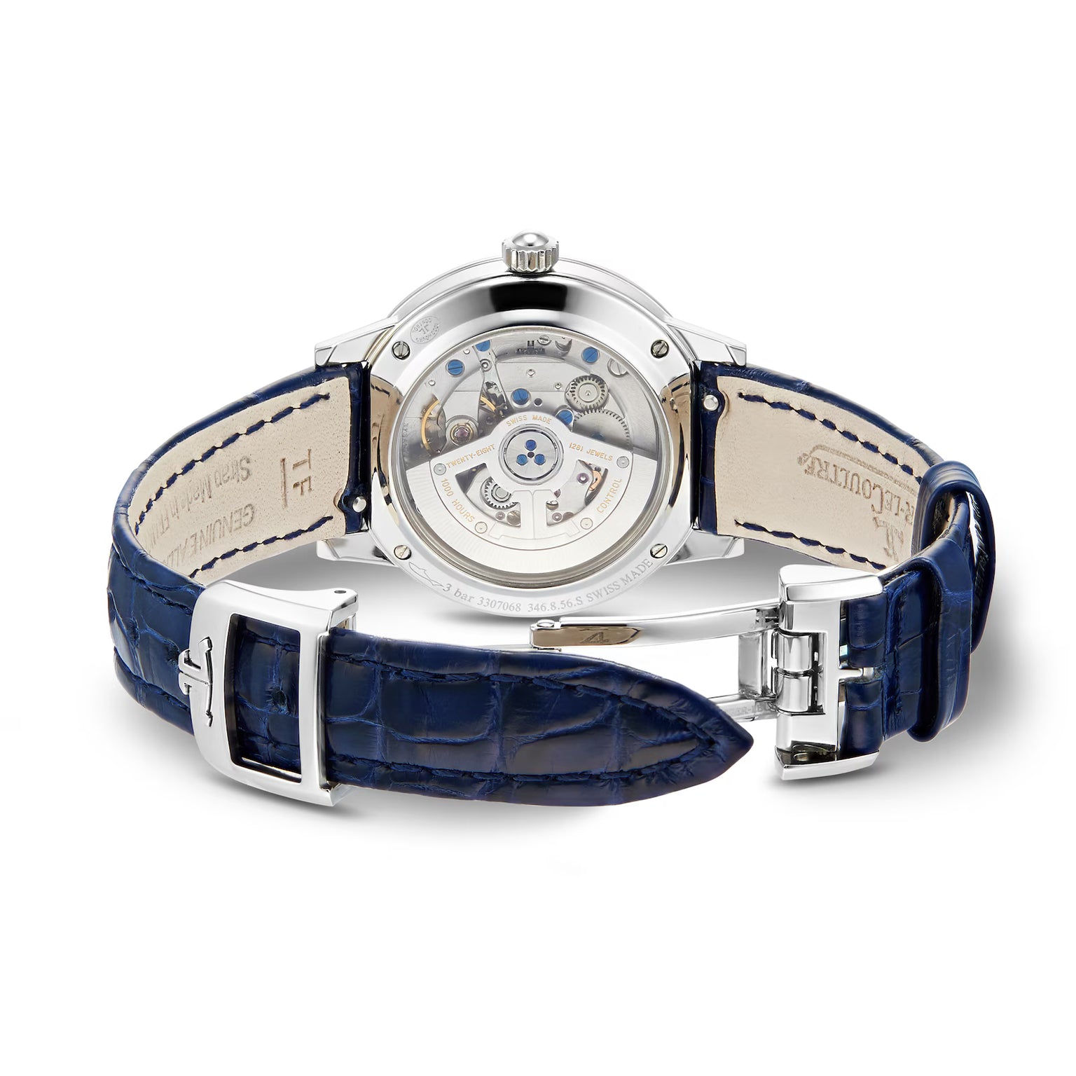 The Jaeger-LeCoultre Rendez-Vous Night & Day, shown from the back, features a blue leather strap, silver clasp, and a transparent case that reveals the exquisite Swiss-made mechanical movement inside.