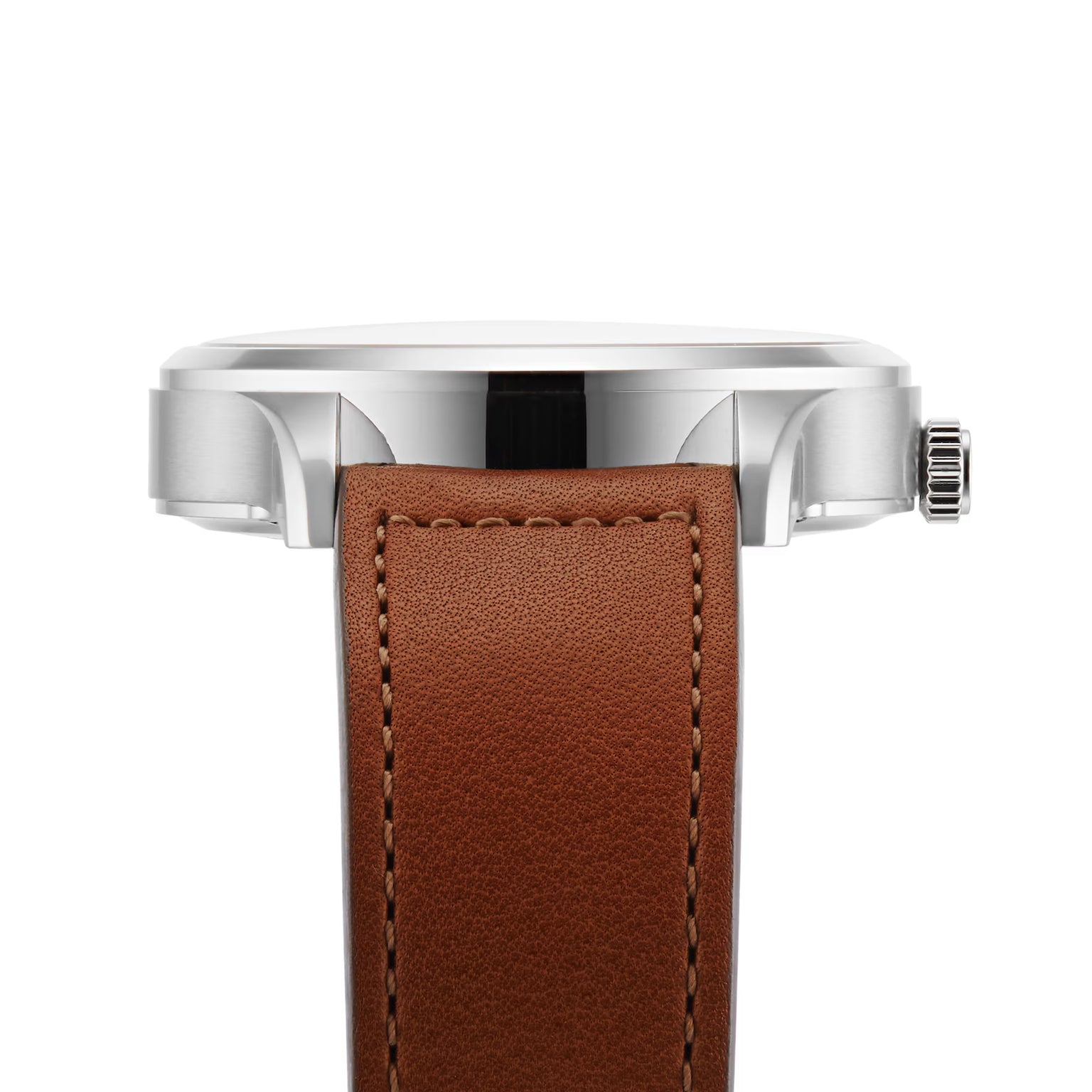 Side view of a Jaeger-LeCoultre Master wristwatch with a stainless steel case and brown leather strap, detailed stitching, and the crown on the right.