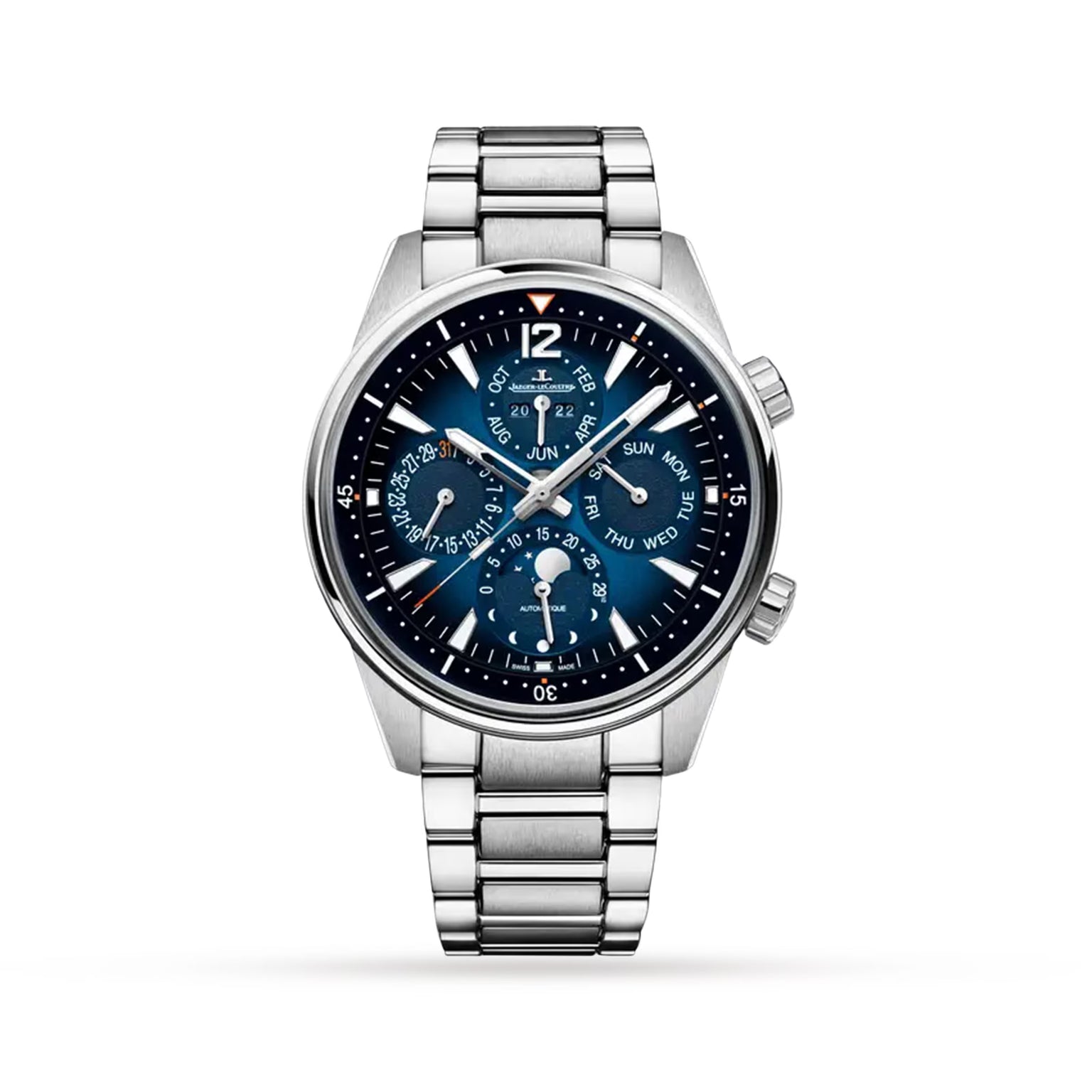 The Jaeger-LeCoultre Polaris Perpetual Calendar is a stainless steel wristwatch with a blue multi-function dial showing day, date, month, and moon phase. It features silver hour markers, hands, and a metal link bracelet.