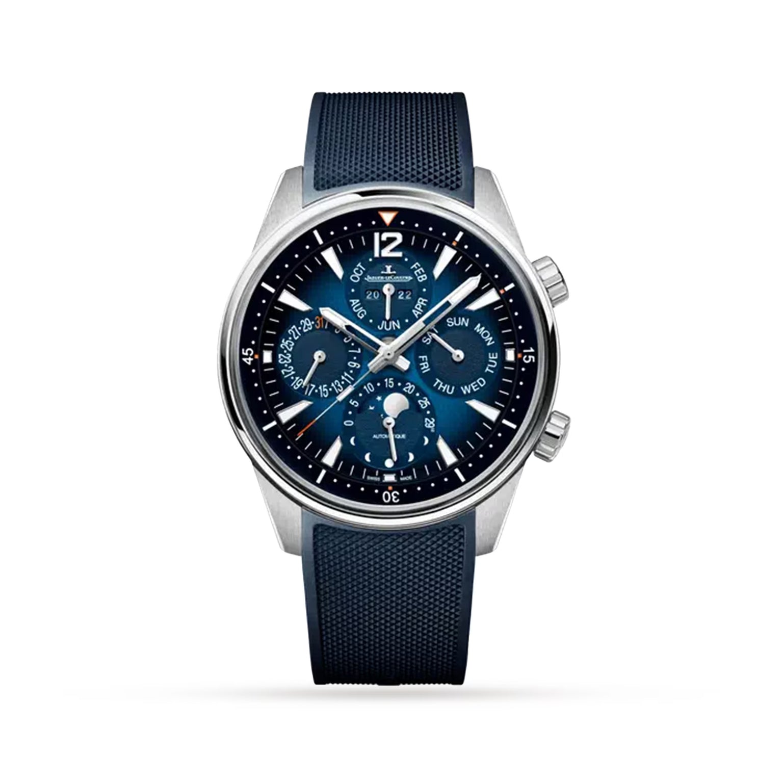 The Jaeger-LeCoultre Polaris Perpetual Calendar is a luxury wristwatch with a blue textured strap and dial, perpetual calendar subdials for date, day, and month, silver hour markers, and a stainless steel case against a white background.