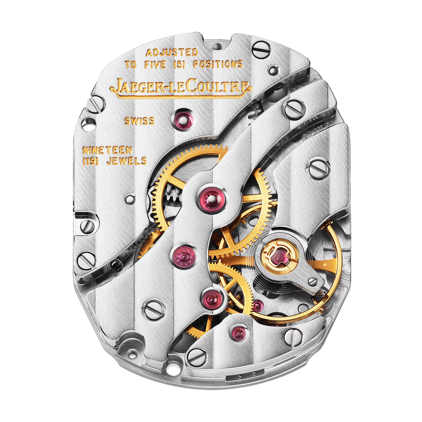 Close-up of the Jaeger-LeCoultre Reverso Tribute Small Seconds movement shows intricate gears, gold engravings, and jewel bearings. The polished Art Deco design displays “Adjusted to five positions,” “Nineteen (19) jewels,” and “Swiss.”.
