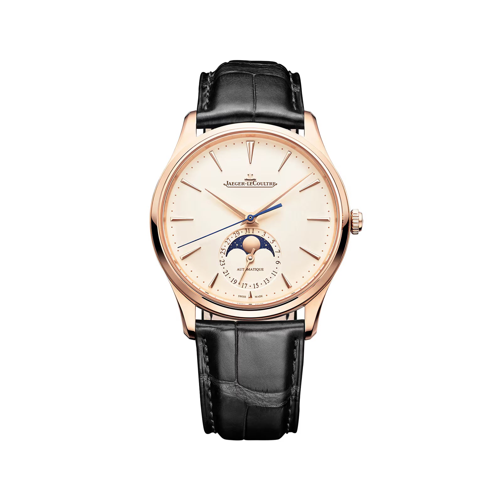 The Jaeger-LeCoultre Master Ultra Thin Moon Cream is a luxury 18K pink gold watch with a black leather strap, white dial, blue hands, and a moonphase and date subdial at 6 o’clock.