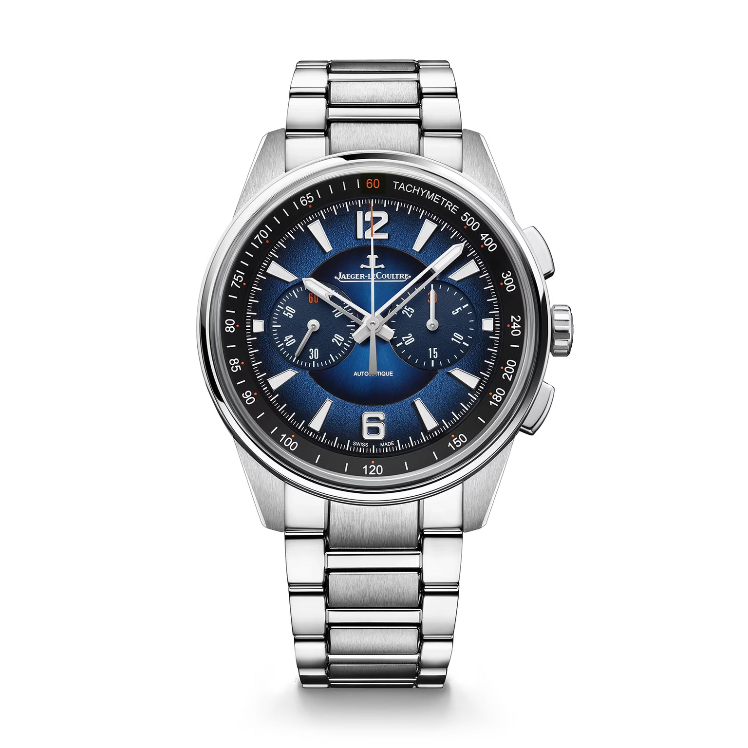 The Jaeger-LeCoultre Polaris Chronograph is a silver steel watch with a blue lacquered dial, tachymeter, two subdials, date at 6 o’clock, and a metal bracelet.