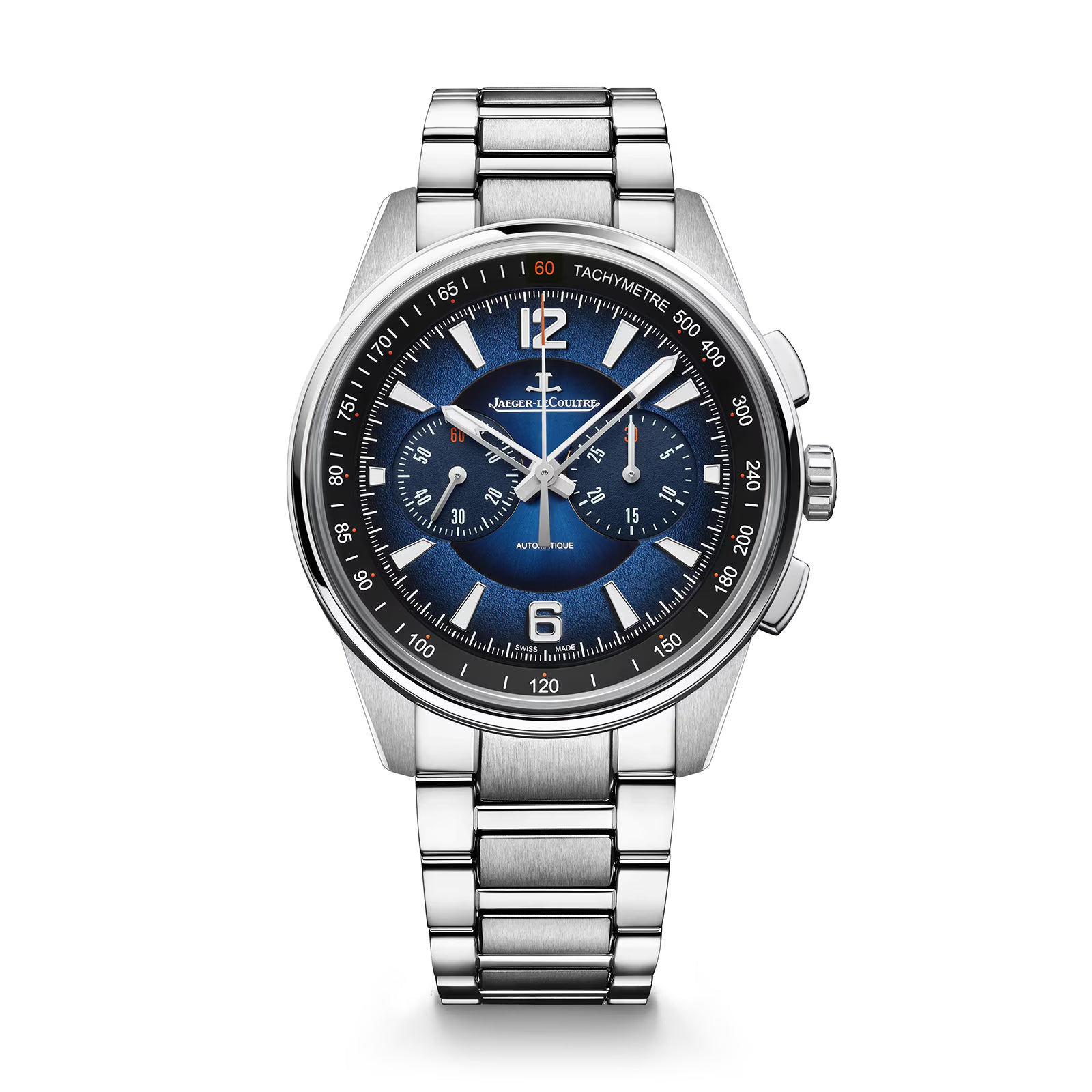 The Jaeger-LeCoultre Polaris Chronograph is a silver steel watch with a blue lacquered dial, tachymeter, two subdials, date at 6 o’clock, and a metal bracelet.