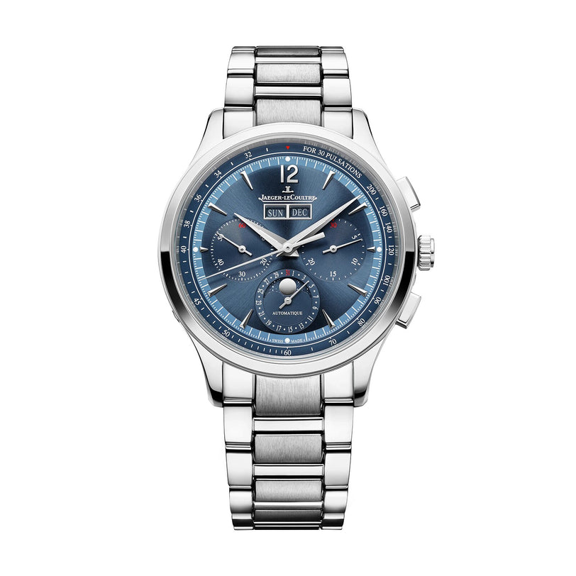 A Jaeger-LeCoultre Master Control Chronograph Calendar with a silver case, blue dial, three subdials, day and date windows, white hour markers, and a metallic bracelet is photographed on a white background.