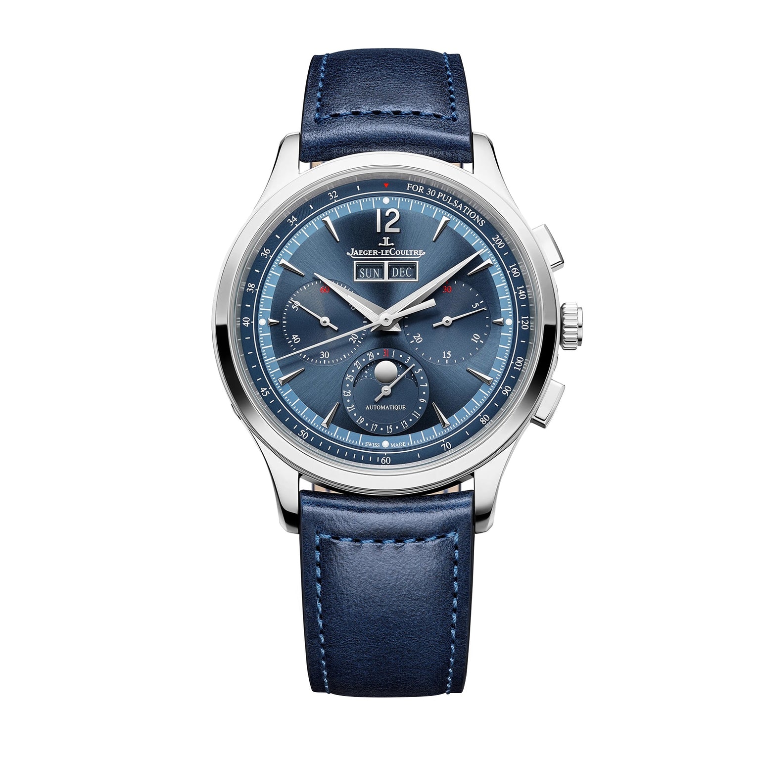 The Jaeger-LeCoultre Master Control Chronograph Calendar Interchangeable Strap features a blue leather strap, stainless steel case, blue dial with three subdials, day and date windows, silver hour markers, and branding below 12 o’clock.