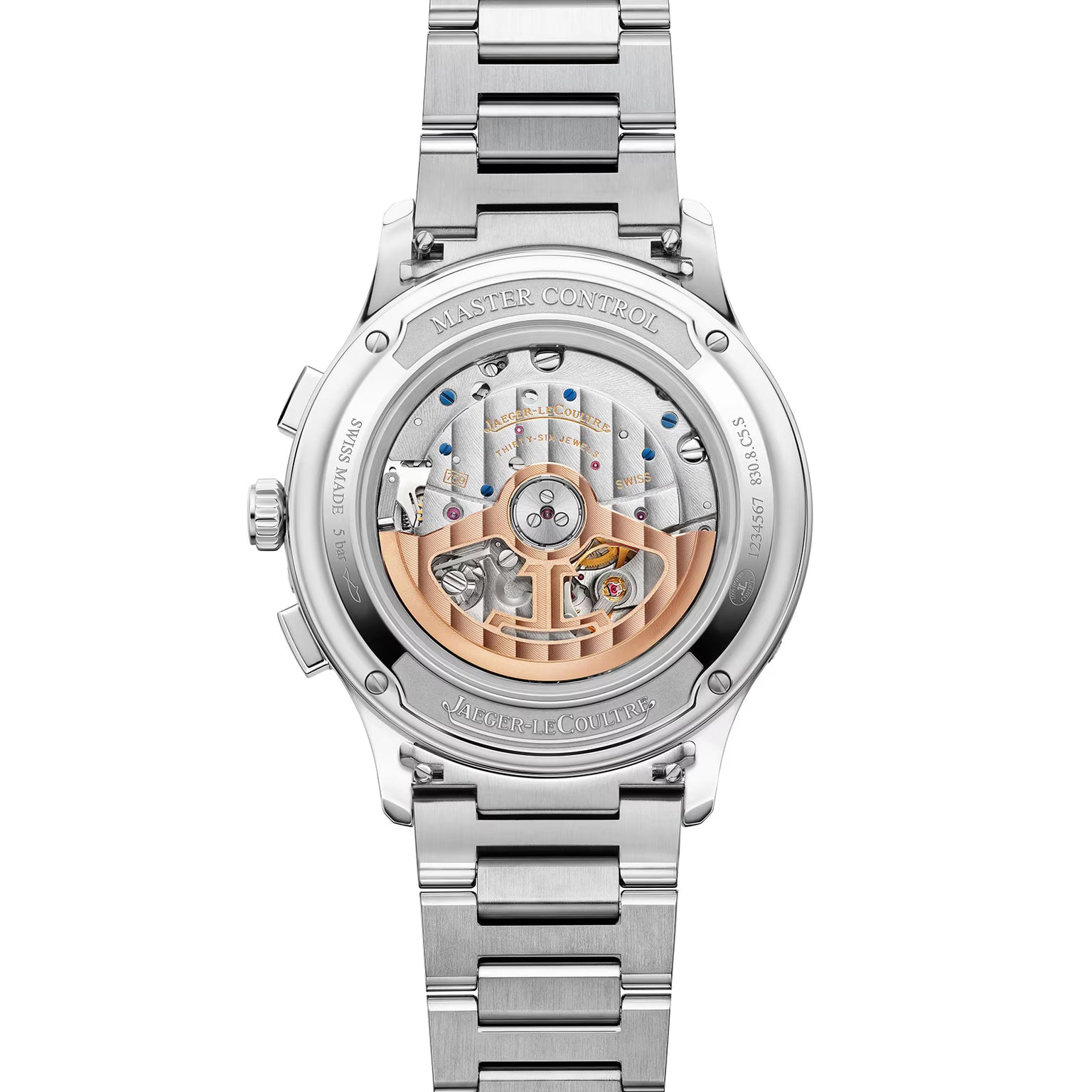 The image shows the back of the Jaeger-LeCoultre Master Control Chronograph Calendar Interchangeable Strap, a luxury timepiece with a clear case back displaying its intricate mechanical movement and components.