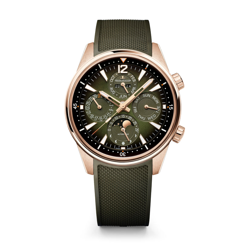 The Jaeger-LeCoultre Polaris Perpetual Calendar features a green dial, rose gold case, olive green rubber strap, multiple subdials with moon phase, bold hour markers, and luminous hands.