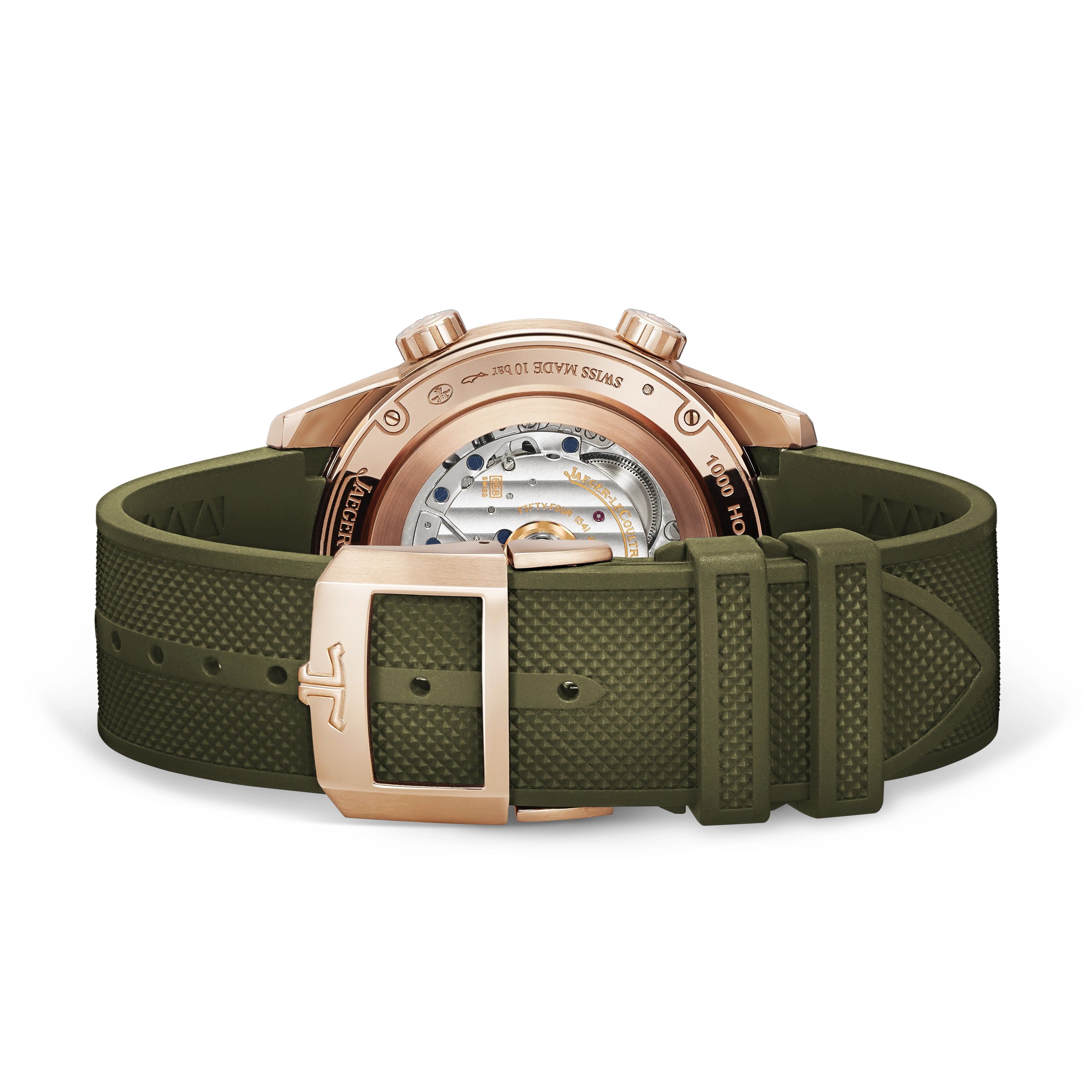 The Jaeger-LeCoultre Polaris Perpetual Calendar, in pink gold with a green textured rubber strap and rose gold buckle, features an exposed mechanical movement and moon phase complication visible through its transparent case back.