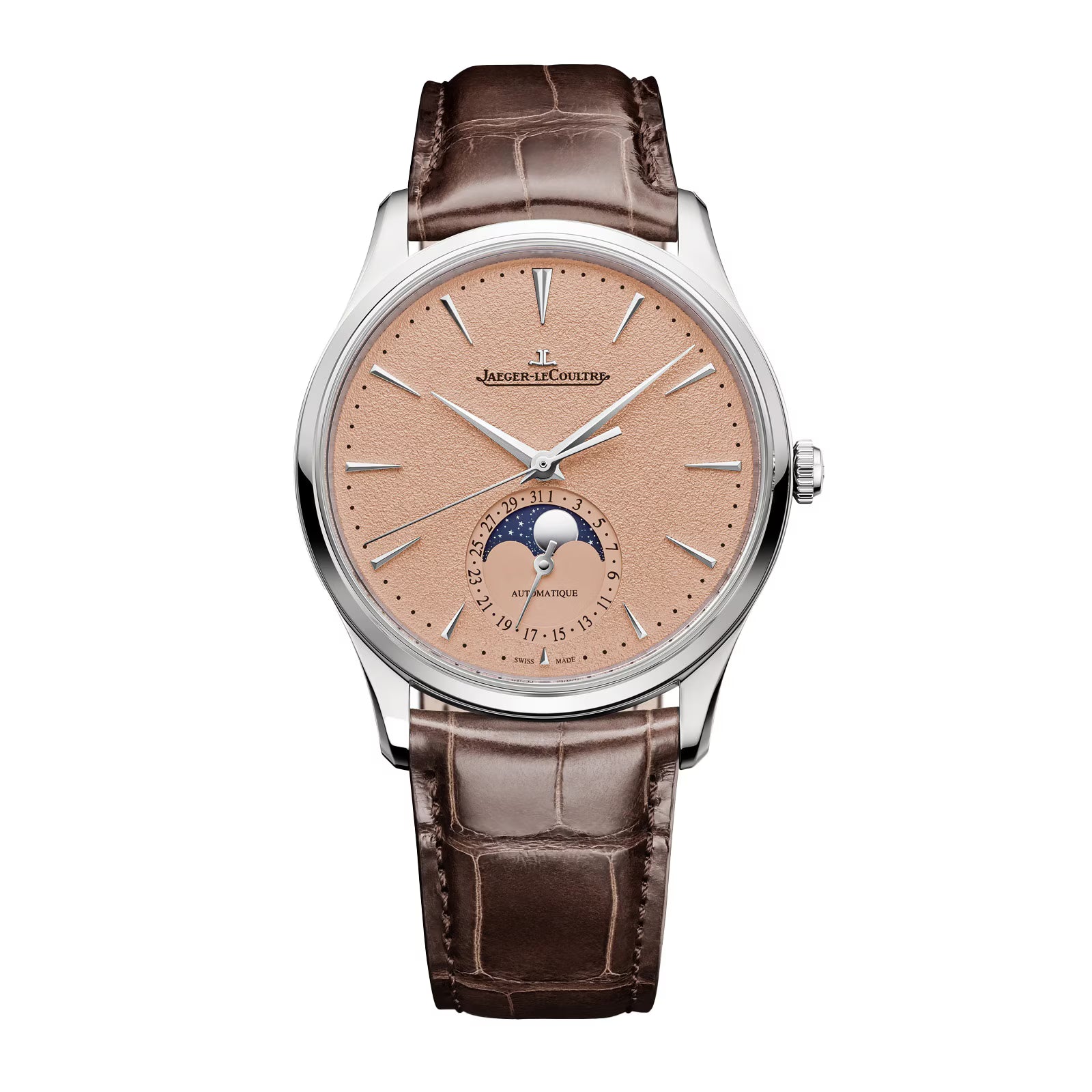 The Jaeger-LeCoultre Master Ultra Thin Moon features a textured beige dial, silver hands and markers, moon phase at 6 o’clock, stainless steel case, calibre 925 movement, and a brown alligator leather strap.
