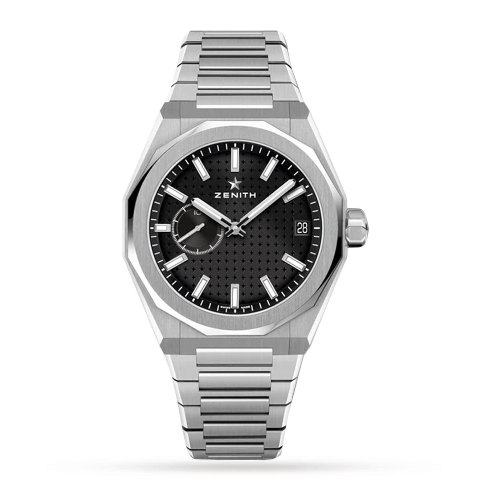 The Zenith Defy Skyline is a stainless steel wristwatch featuring a black textured dial, silver hour markers, a date window at 3 o’clock, and a sub-dial near 9 o’clock.
