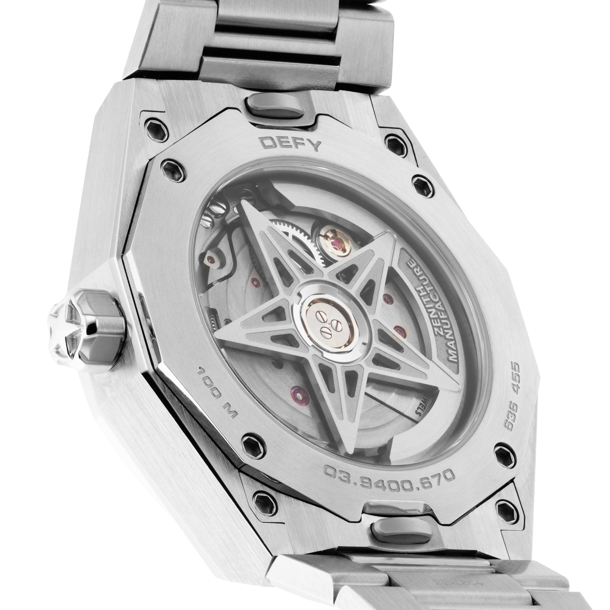 Close-up of the Zenith Defy Skyline 36’s back, highlighting its mechanical movement, engraved details, and iconic four-pointed star on the stainless steel case and bracelet—an expression of urban sophistication.
