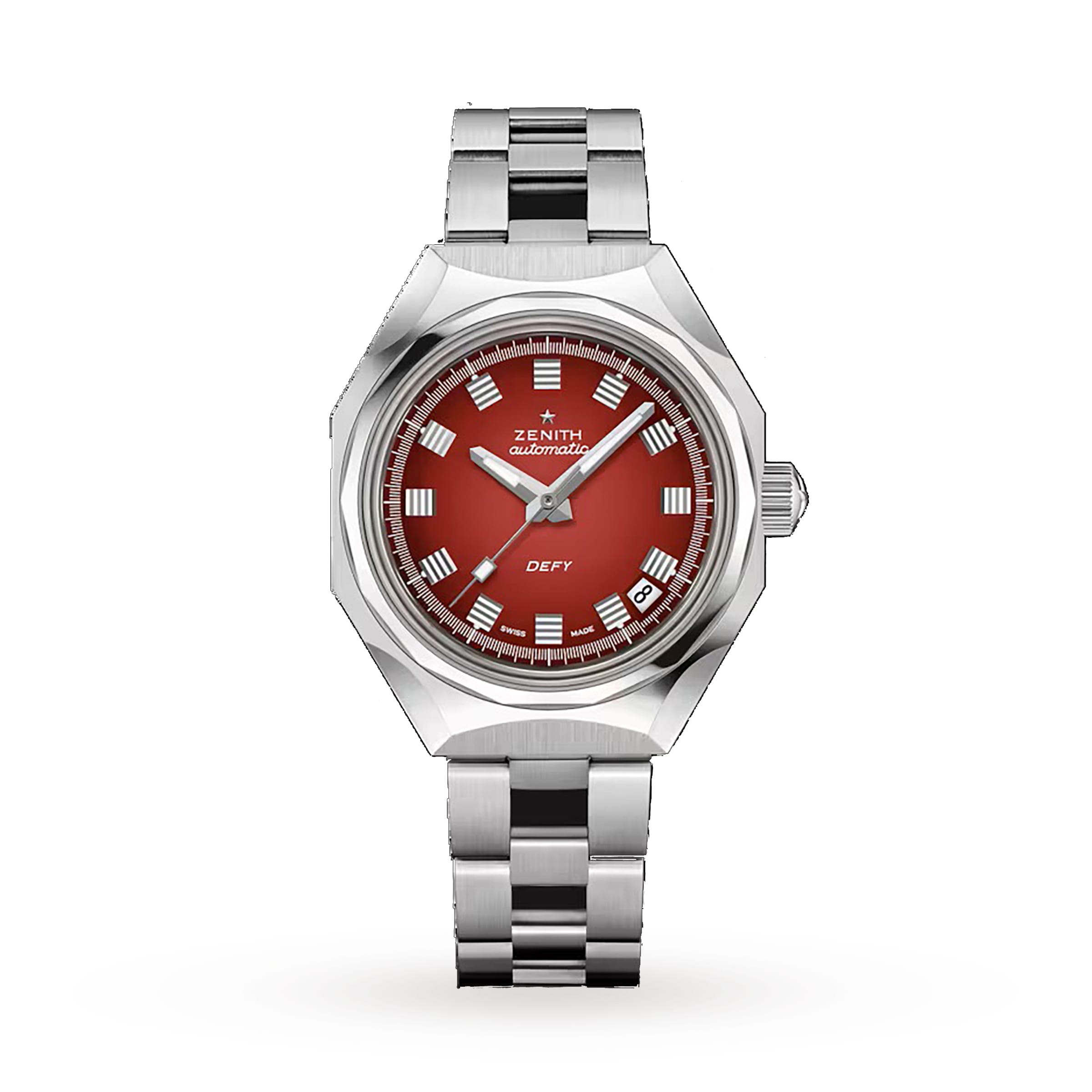 The Zenith Defy Revival A3691 features a stainless steel octagonal case, red gradient dial, silver hour markers, date at 4 o’clock, and is elegantly presented on a metal bracelet.