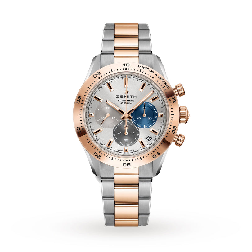 The Zenith Chronomaster Sport features the El Primero 3600 movement, an 18K rose gold and steel case, silver dial with blue sub-dial, rose gold bezel, matching bracelet, and is shown on a white background.